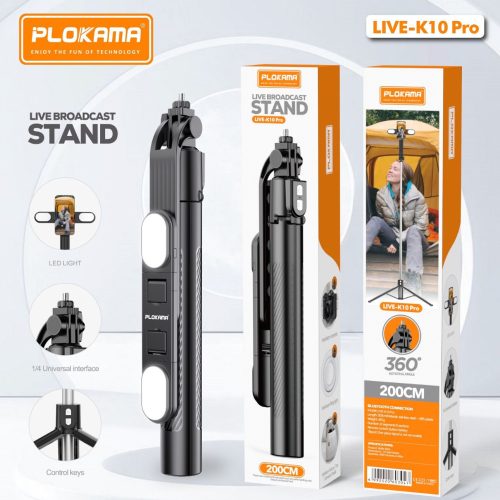 PLOKAMA K10PRO TRIPOD SELFIE STICK 6.5F WITH LED 2 LIGHTS