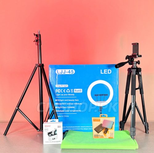BUDGET DEAL (DIAMOND PACKAGE) (45CM RINGLIGHT, JMARY MW15 WIRELESS MIC, ICON-7864 TRIPOD, GREEN SCREEN, RGB LIGHT)