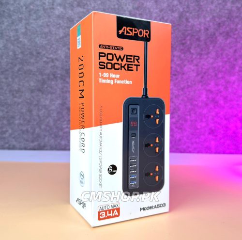 ASPOR A503 Surge Protector Power Socket with 5 USB Ports & LED Display (2500W)